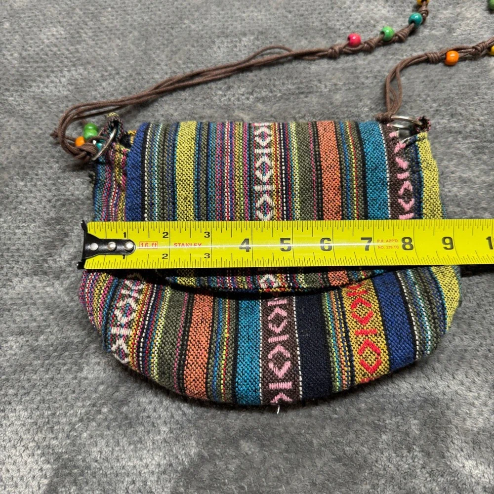Aztec Boho Woven Striped Crossbody Bag Multi-Color Beaded Strap Festival Purse